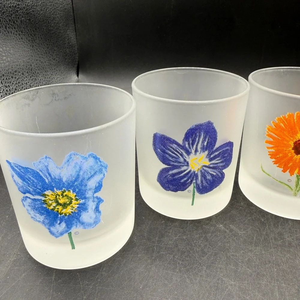 Vintage Dartington Designs France Frosted Lowball Glass Set 5 Floral Whiskey
